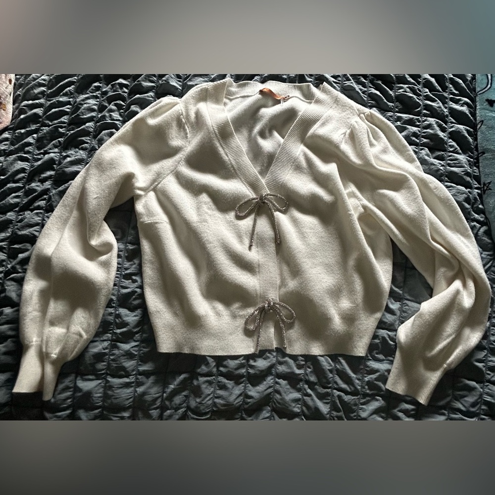 Belldini White Cardigan with Rhinestone Bow Accents
